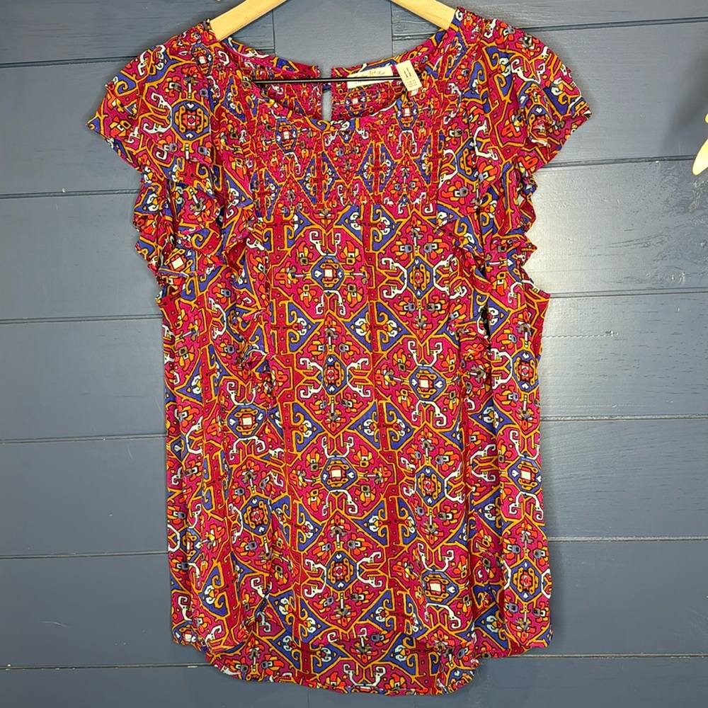 ANTHROPOLOGIE Flutter Sleeve Geometric Paisley Top Sz 12